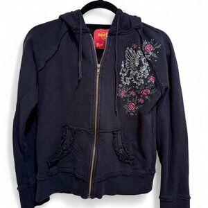 Black Rare Unique Hard Rock Cafe Goth Gryphon & Skull Zip Up Cotton Hoodie L